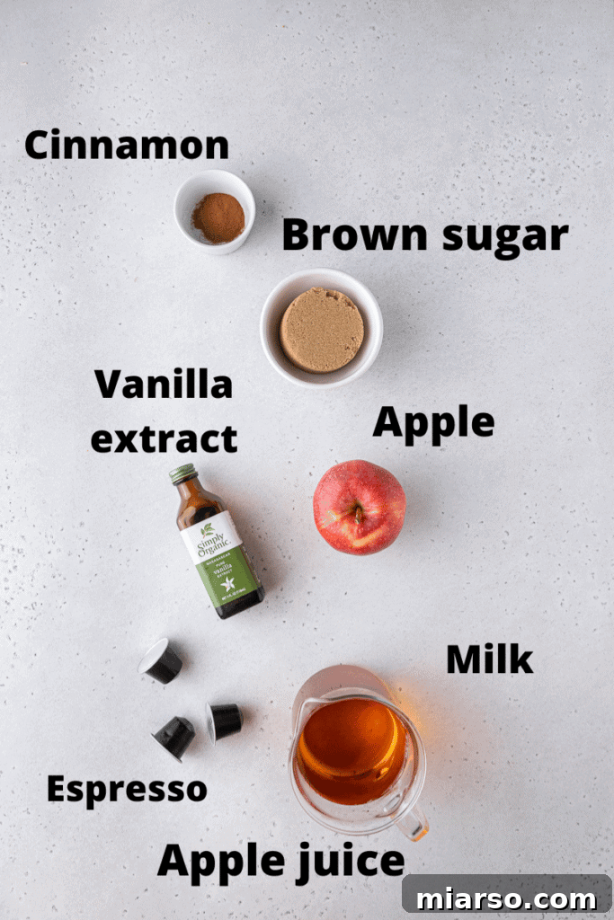 Starbucks Apple Crisp Macchiato 6 Ingredients for Starbucks Apple Crisp Macchiato laid out