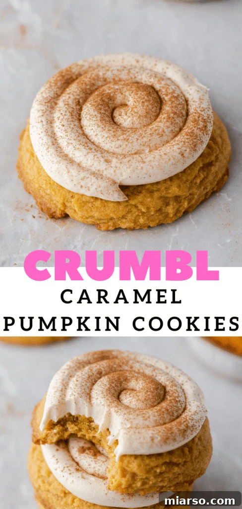 A beautifully frosted Crumbl caramel pumpkin cookie.
