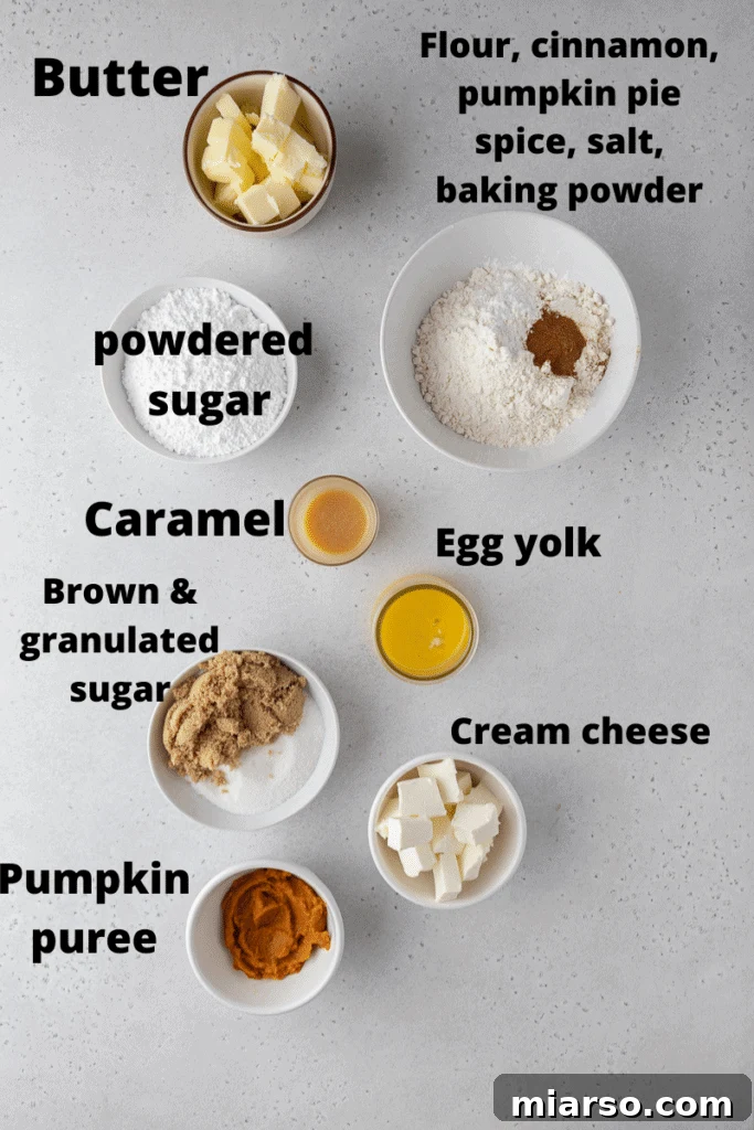 Various ingredients for Crumbl caramel pumpkin cookies laid out on a surface.