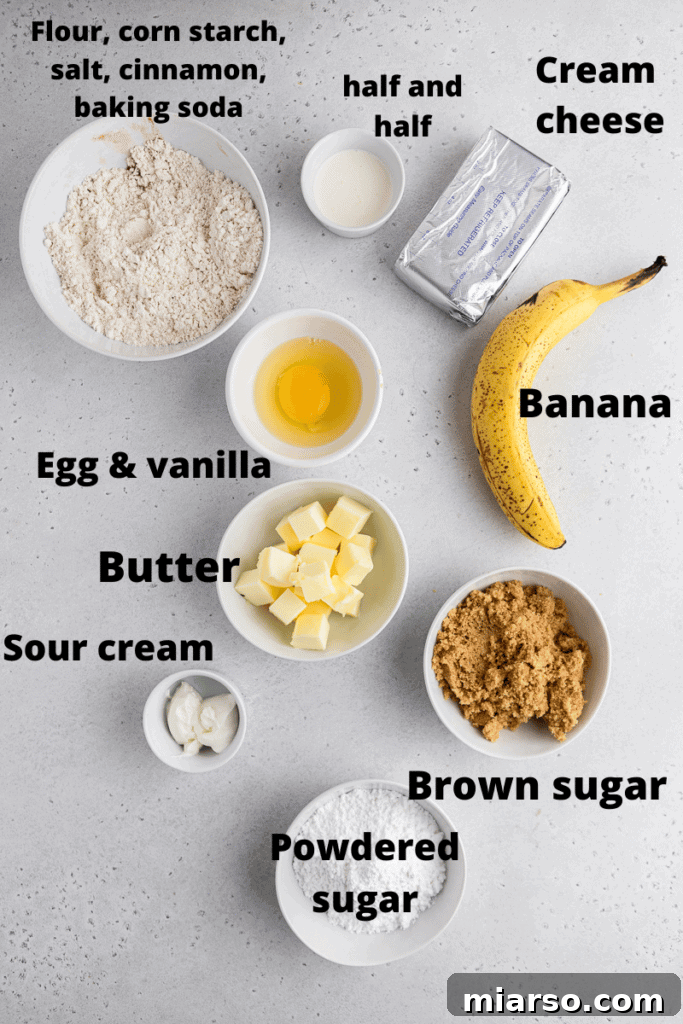 Key ingredients laid out for making Crumbl banana bread cookies from scratch.