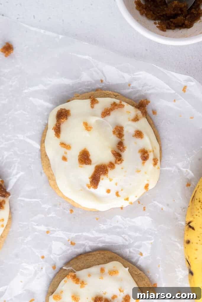 Overhead shot of a platter of Crumbl banana bread cookies.