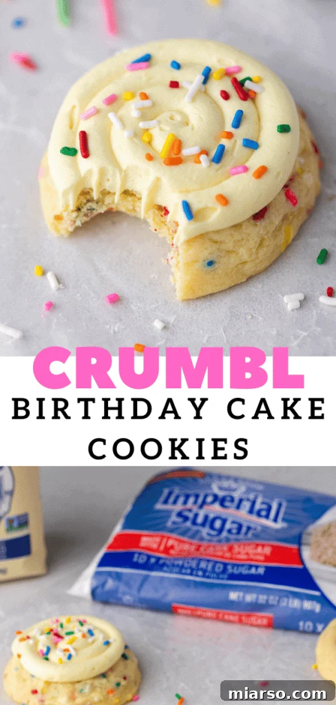 A third vibrant image of Crumbl birthday cake cookies, prompting readers to save the recipe