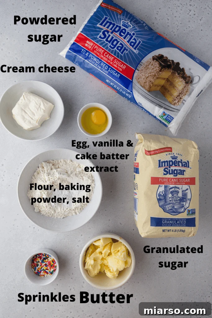 A flat lay of all the ingredients needed to make Crumbl birthday cake cookies