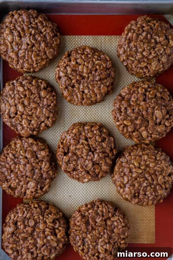Overhead shot of freshly shaped no-bake cookies on a baking sheet.