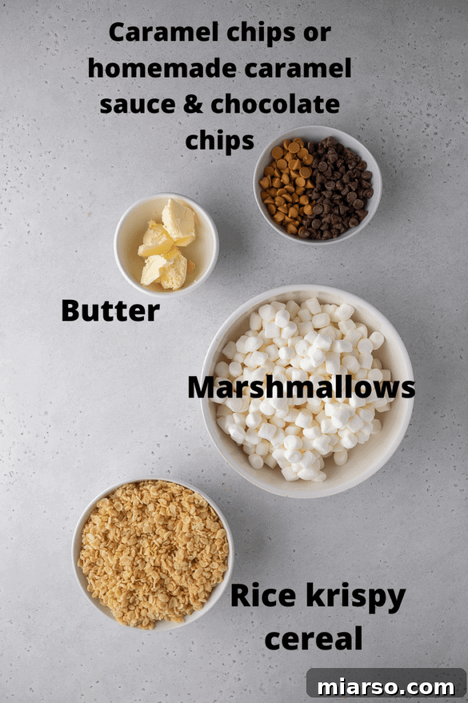 All the essential ingredients for no-bake chocolate crunch cookies laid out.