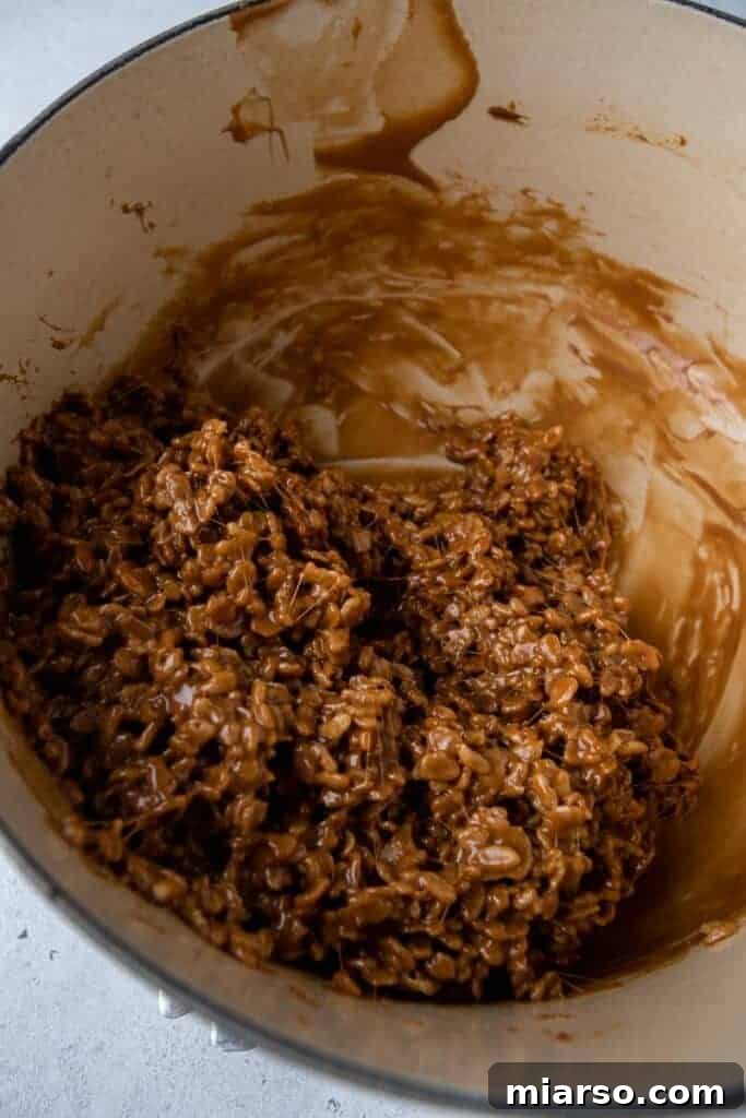 Chocolate-coated rice Krispy cereal mixture.