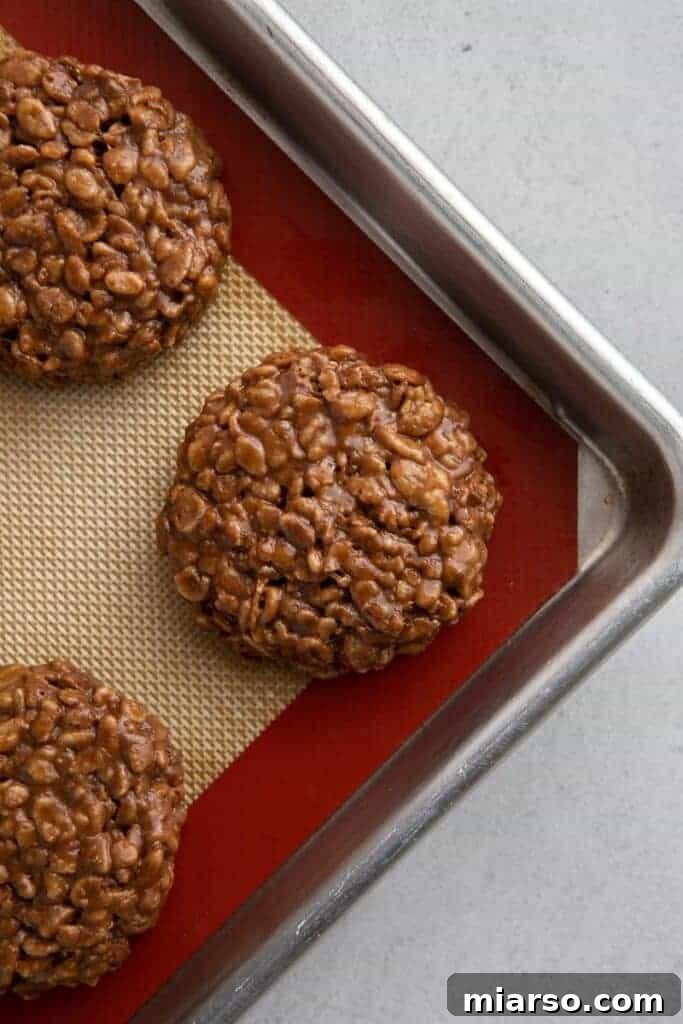 Multiple no-bake chocolate cookies setting on a tray.