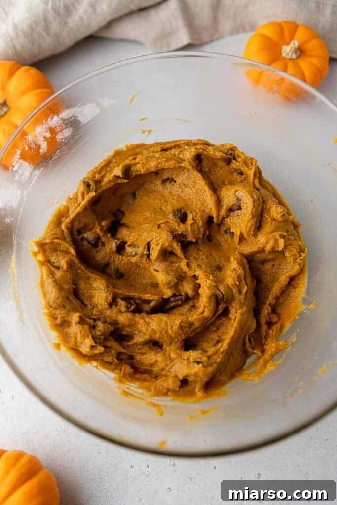 Gourmet Pumpkin Chocolate Chip Muffin Top Cookies 6 Pumpkin chocolate chip cookie dough in a mixing bowl before baking