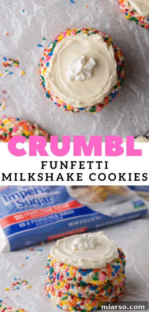 Close-up of Crumbl Funfetti Milkshake Cookies with creamy frosting and colorful sprinkles.