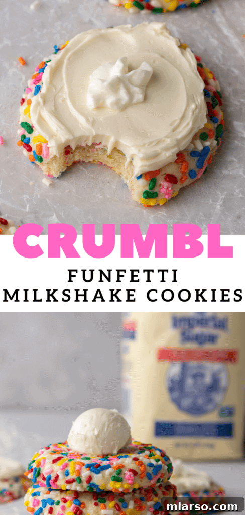 A trio of Crumbl Funfetti Milkshake Cookies, beautifully frosted and garnished.