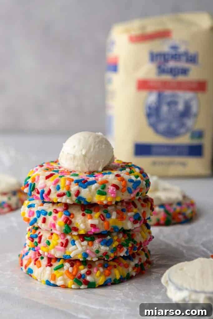Stack of Crumbl funfetti cookies with white buttercream frosting.