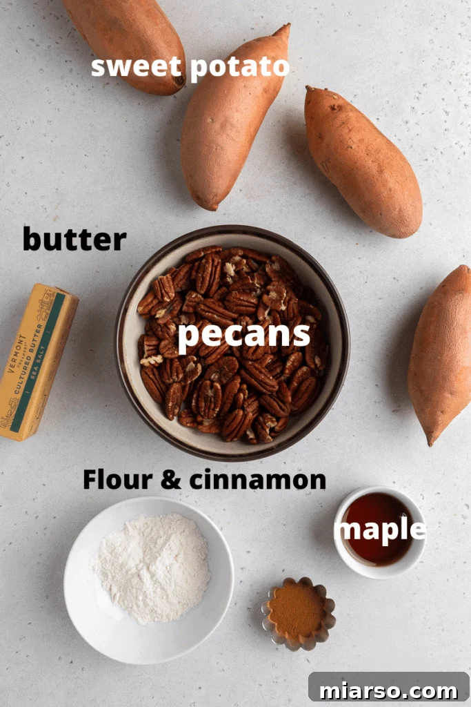 Pecan Pie Twice-Baked Sweet Potato Delight 3 Ingredients for pecan pie twice baked sweet potatoes including sweet potatoes, pecans, maple syrup, butter, cinnamon and flour