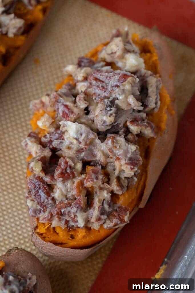 Pecan Pie Twice-Baked Sweet Potato Delight 9 Twice baked sweet potatoes topped with pecan streusel before final bake