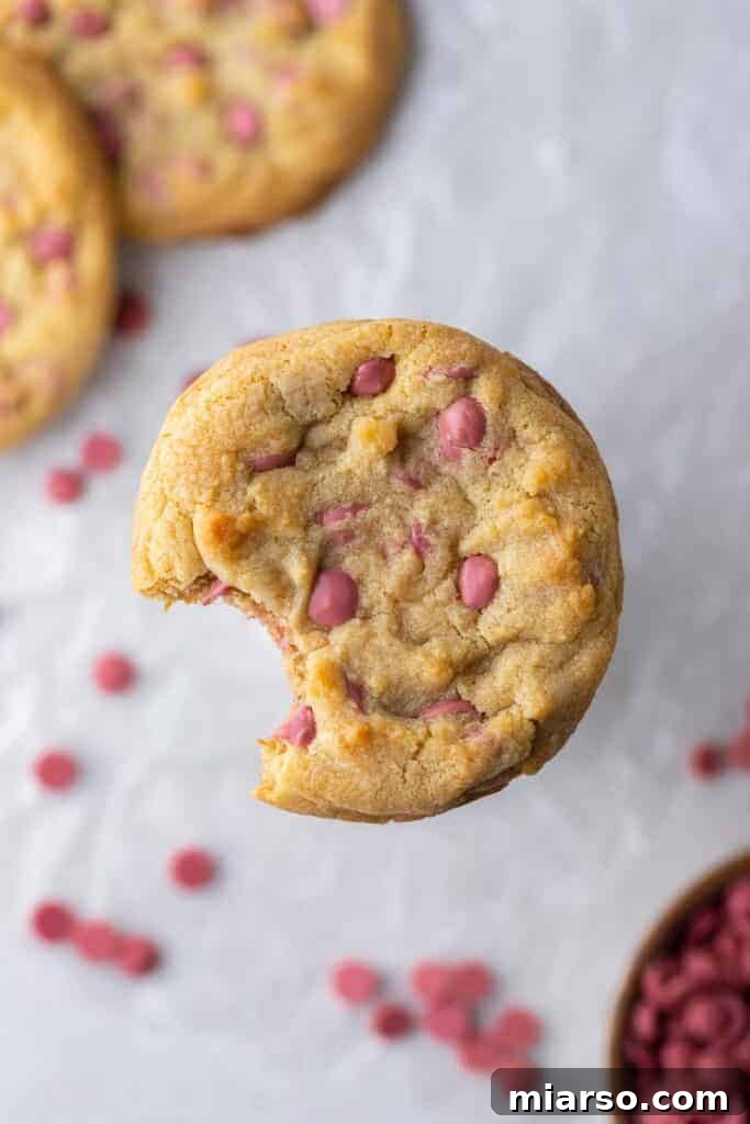 Overhead shot of vibrant pink ruby chocolate cookies with a scattering of ruby chocolate chips