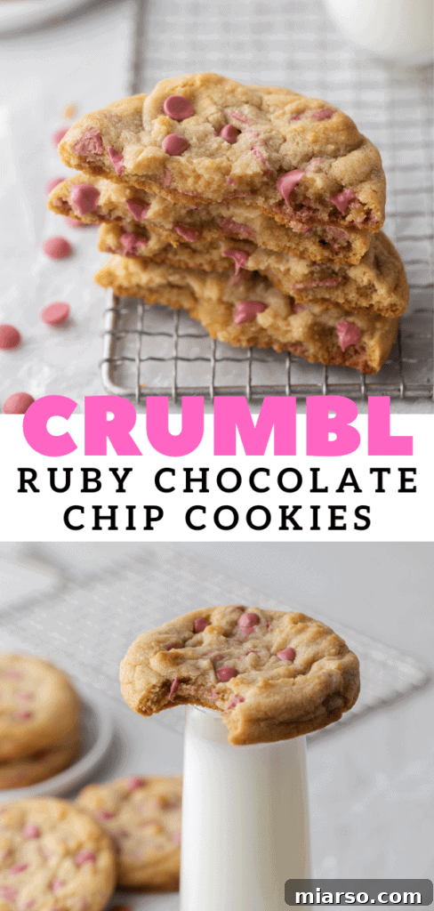 Pinterest graphic: Crumbl Ruby Chocolate Chip Cookies - thick, chewy, and pink with almond flavor