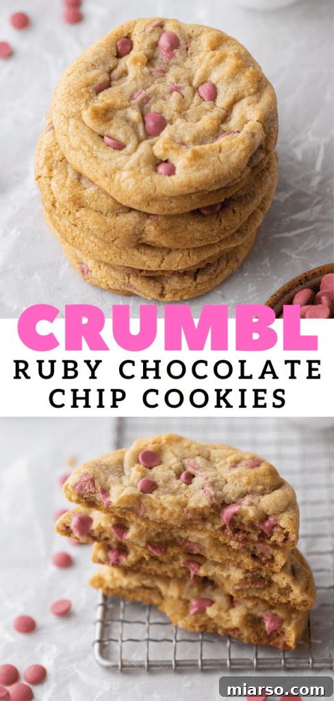 Pinterest graphic: Homemade Crumbl Ruby Chocolate Chip Cookies - copycat recipe with ruby chocolate