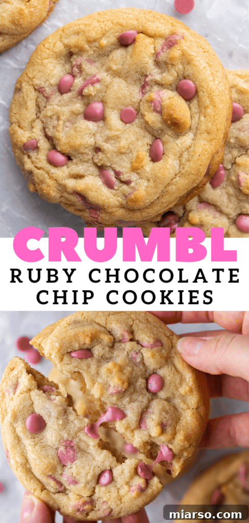 Pinterest graphic: The Best Ruby Chocolate Chip Cookie Recipe - thick, soft, and chewy cookies