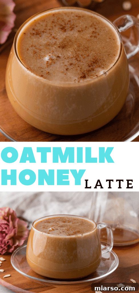 A stunning Pinterest graphic showcasing an iced honey oat milk latte, perfect for sharing and saving this delightful recipe.