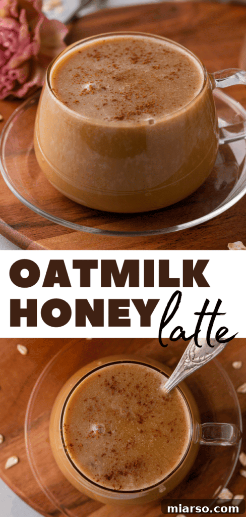An enticing Pinterest image featuring a warm honey oat milk latte, highlighting the ease and deliciousness of this Starbucks copycat recipe.