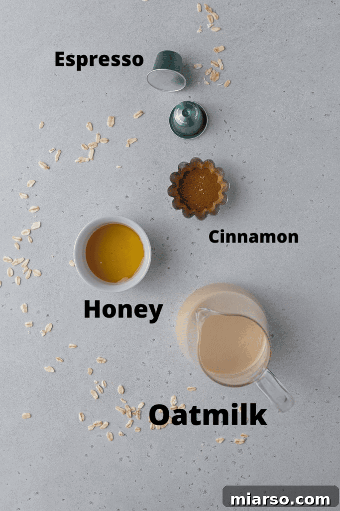 A selection of essential ingredients including espresso pods, liquid honey, a carton of oat milk, and a small pile of ground cinnamon, artfully arranged on a light-colored surface.