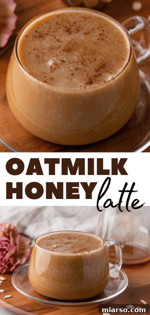 A vibrant Pinterest image for a homemade honey oat milk latte recipe, featuring a beautifully crafted latte in a glass.