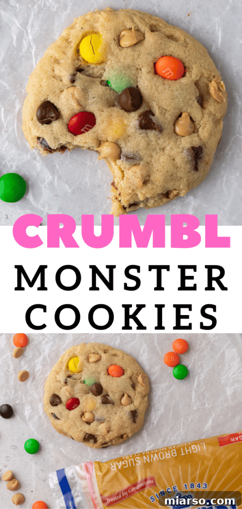 Crumbl Monster Cookies pin for Pinterest - vertical image.