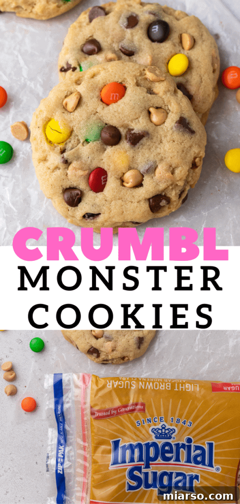 Crumbl Monster Cookies Pinterest graphic featuring colorful cookies.