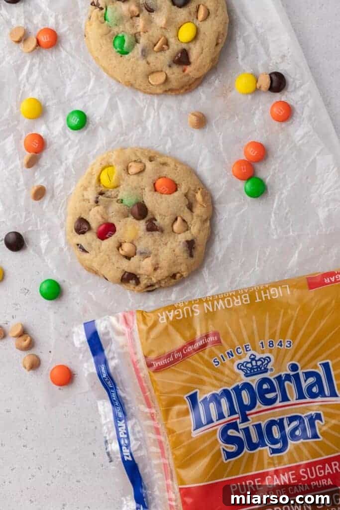 Imperial brown sugar bag next to baked Crumbl Monster Cookies.