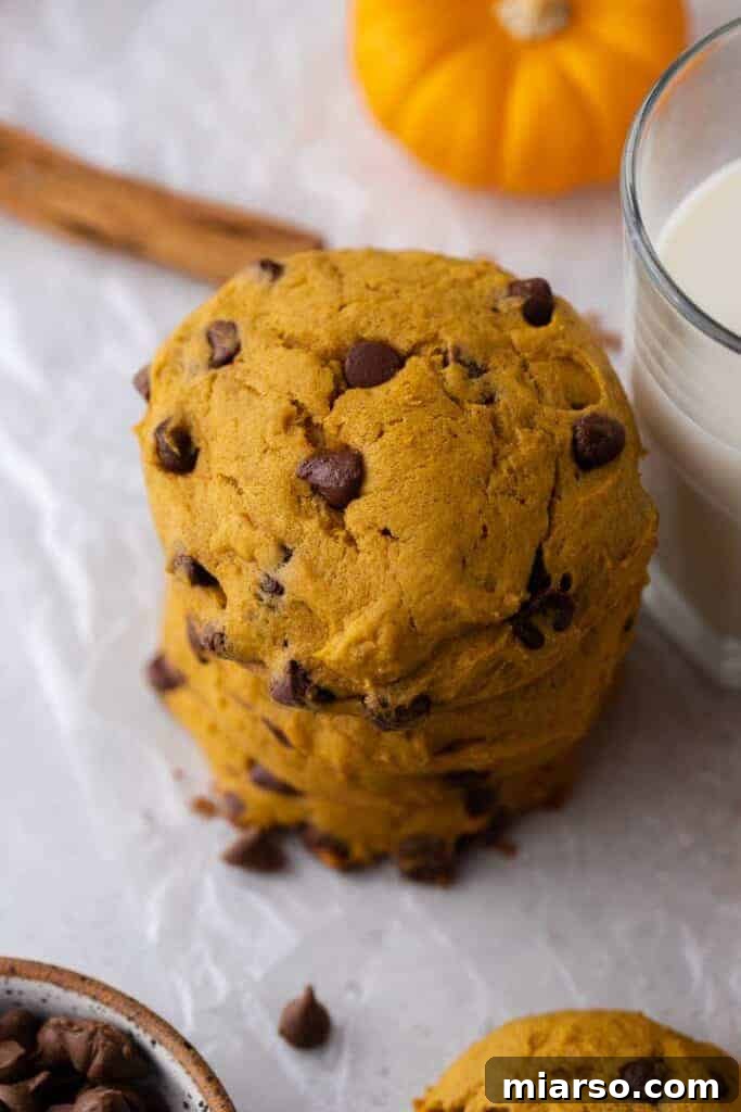 Thick pumpkin chocolate chip cookies, a comforting fall treat.