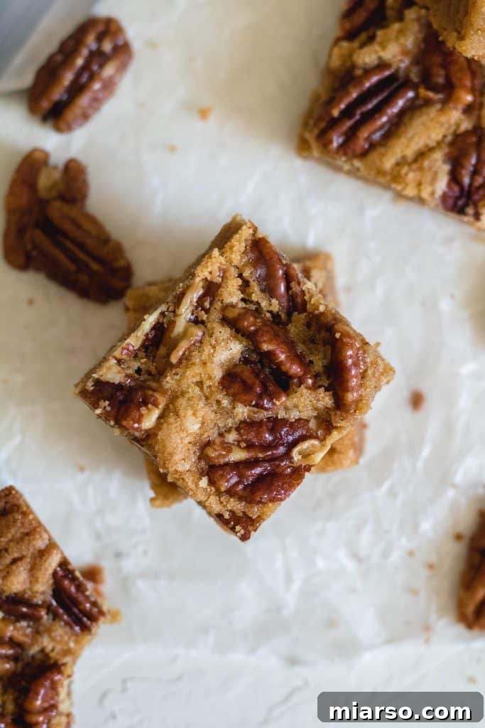 Brown Butter Candied Pecan Blondies over head shot, a delicious and easy holiday treat.
