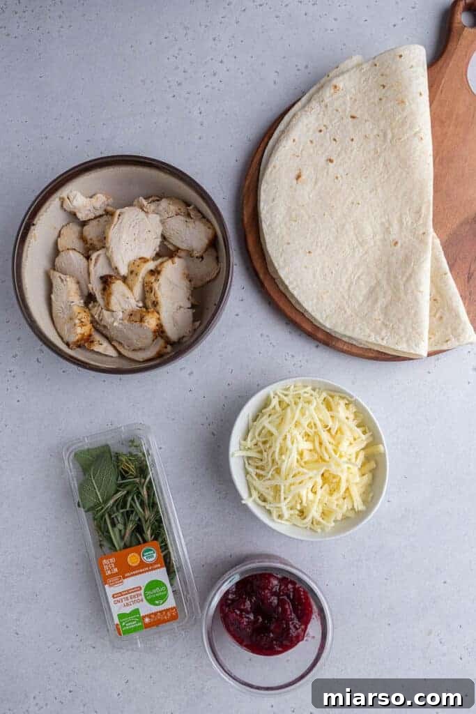 Close-up of ingredients for Turkey quesadillas, including shredded turkey, cheeses, cranberries, and herbs.