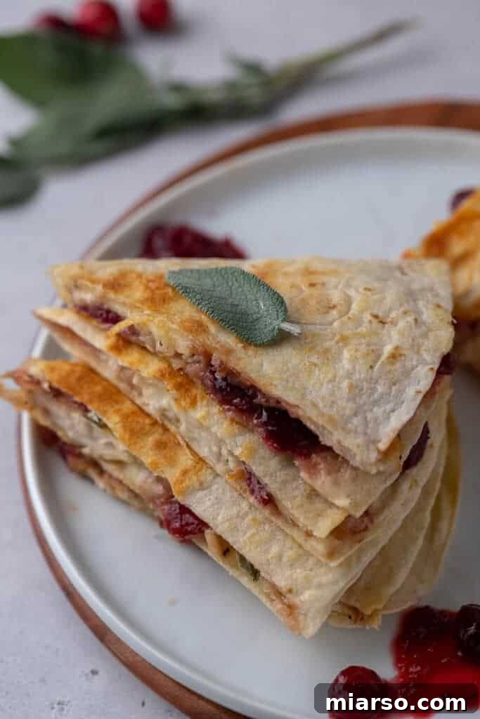 Plated turkey quesadillas, cut into wedges, showing melted cheese and fillings.