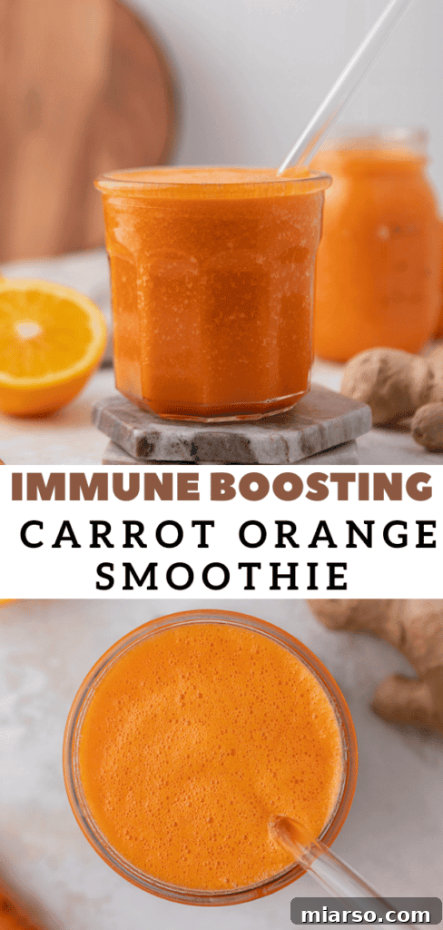 Golden Immunity Zest Smoothie 11 Beautifully presented carrot orange smoothie, ideal for a health and wellness Pinterest board.