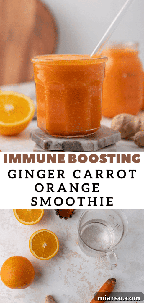 Golden Immunity Zest Smoothie 12 Fresh and delicious carrot orange smoothie in a glass, a great visual for a recipe collection on Pinterest.