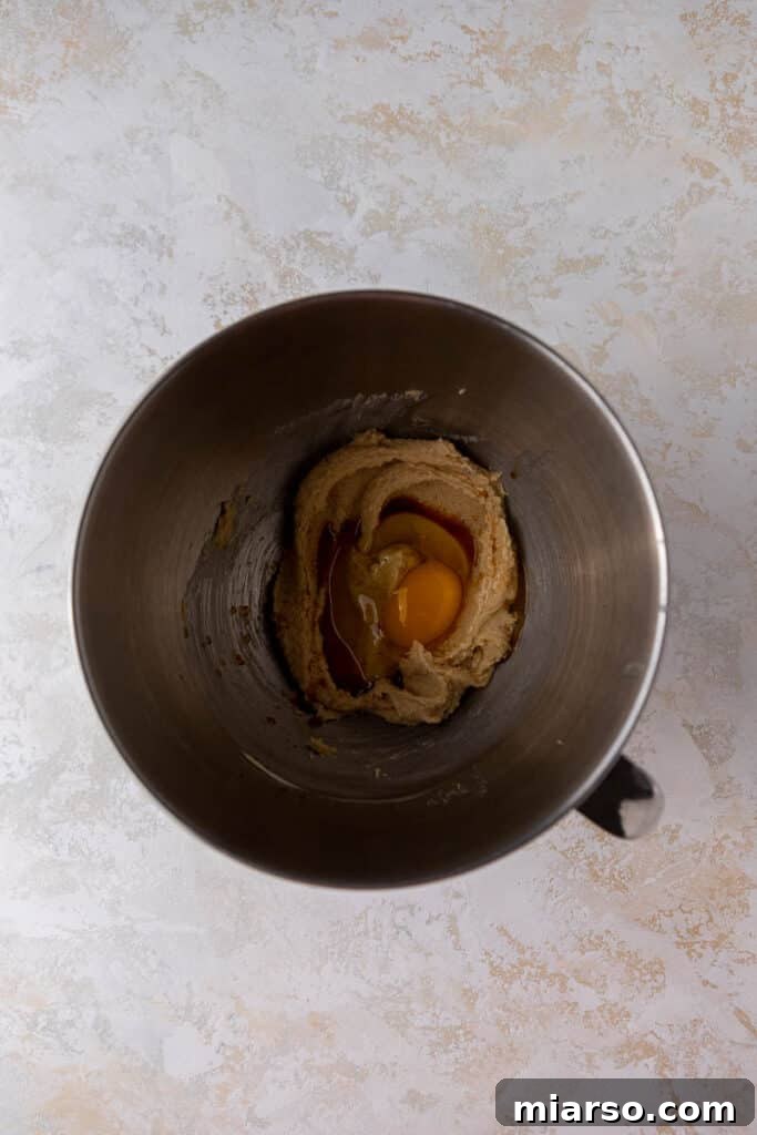 Creamed butter, sugar, and egg mixture for cookie dough