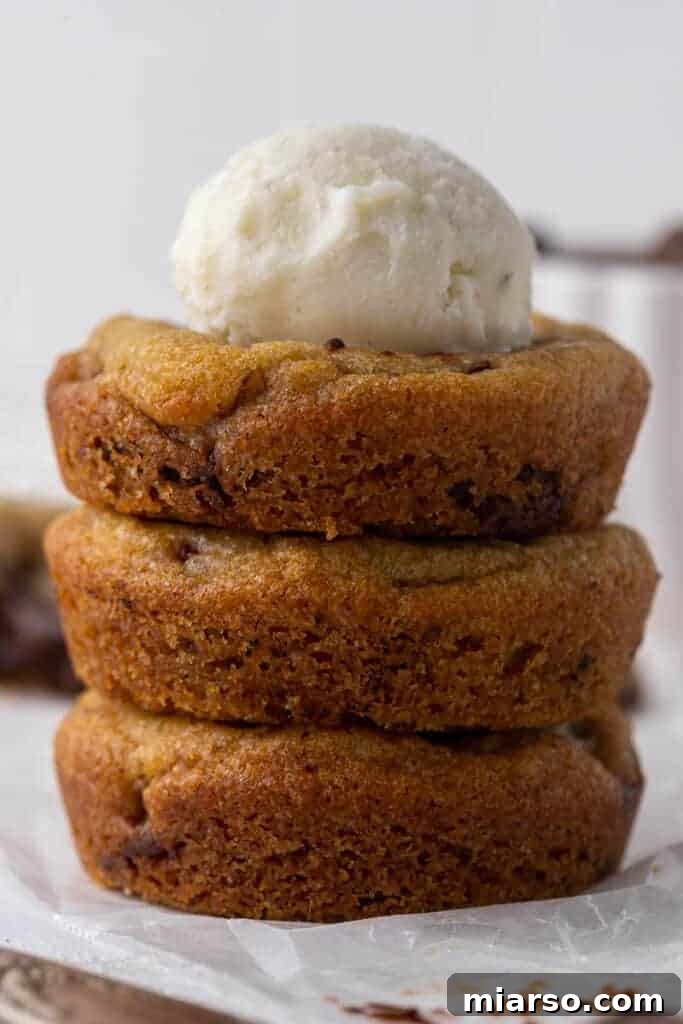 Close-up of freshly baked chocolate chunk cookie cups