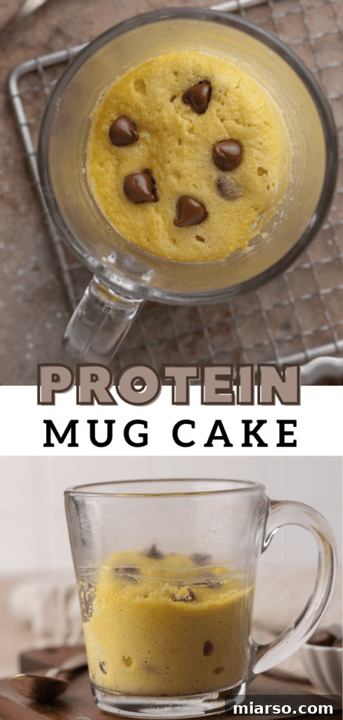 Pin image for a protein mug cake recipe, showing a delicious single-serving dessert.