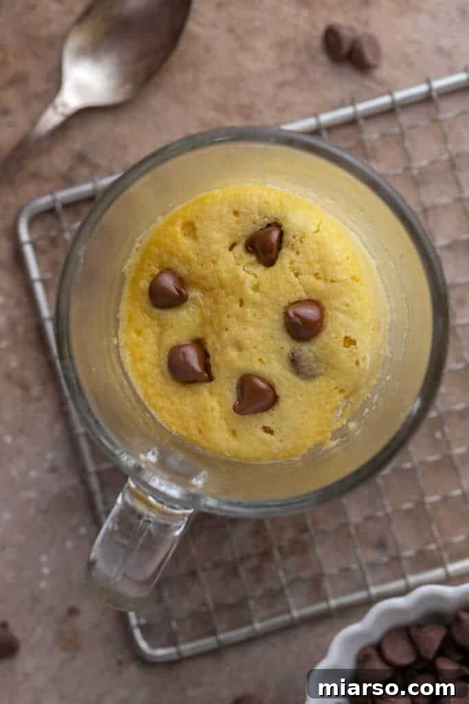 A freshly microwaved protein mug cake, hot and ready to be topped.