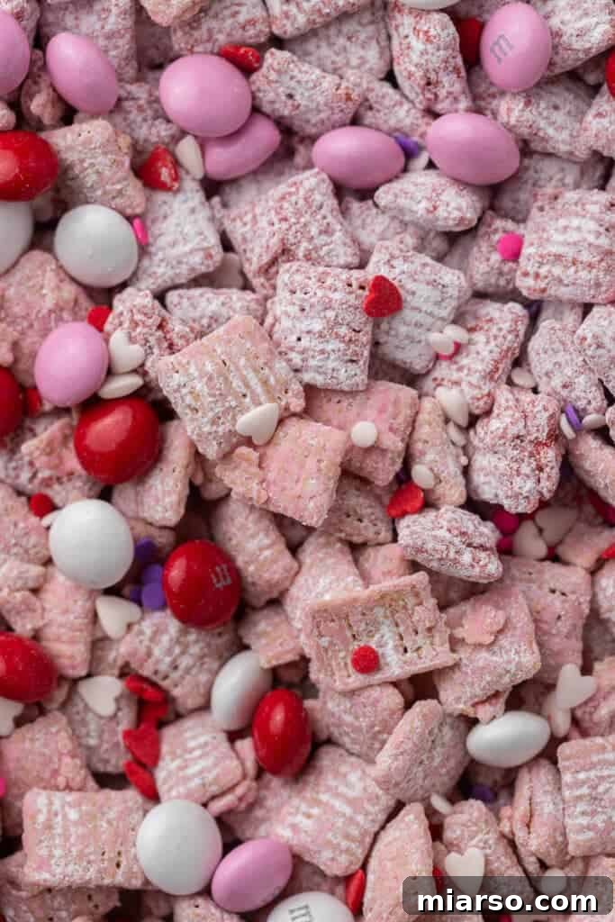 Cupid's Crunch 16 A close-up shot of Valentine's Day muddy buddies, showing the pink and red coating, powdered sugar, M&M's, and heart sprinkles.
