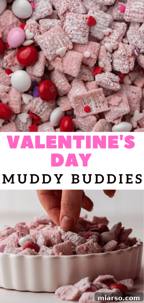 Cupid's Crunch 21 Pinterest pin image for Valentine's Day muddy buddies, showing a close-up of the finished treat.