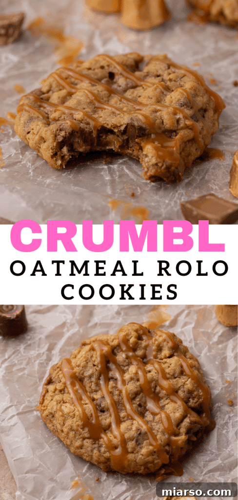 A close-up of Crumbl Rolo cookies for social media pinning