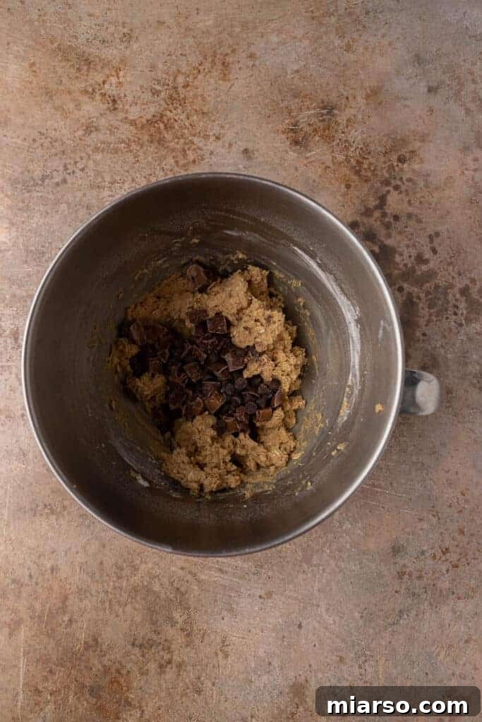 Cookie dough with chocolate chips in mixing bowl, ready for baking