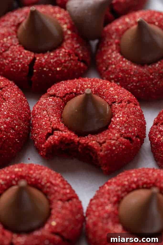 Hershey's Kissed Red Velvet Cookies 9 Freshly baked Hershey's red velvet blossoms with chocolate kisses pressed into centers