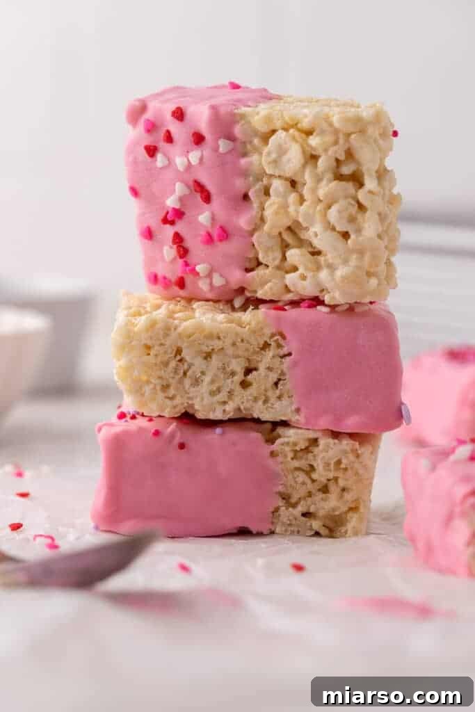 Stack of Valentine's day chocolate covered rice krispie treats