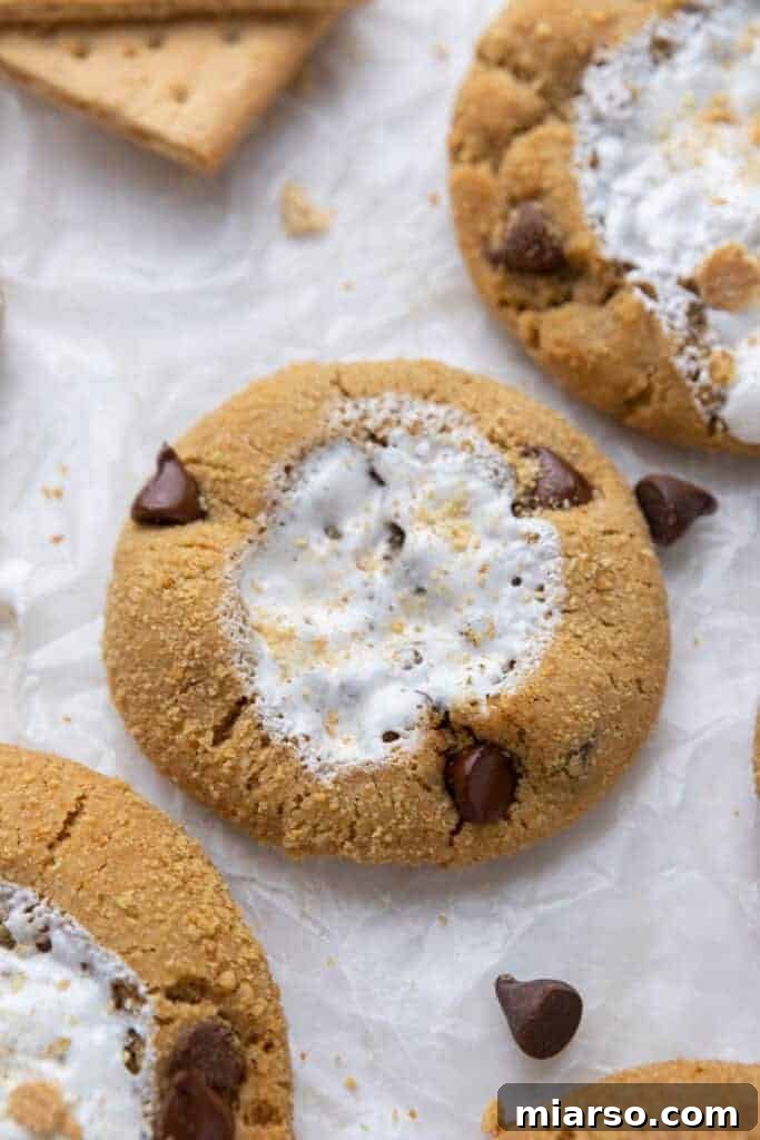 Homemade Crumbl S'mores Cookies with gooey marshmallow and chocolate chips