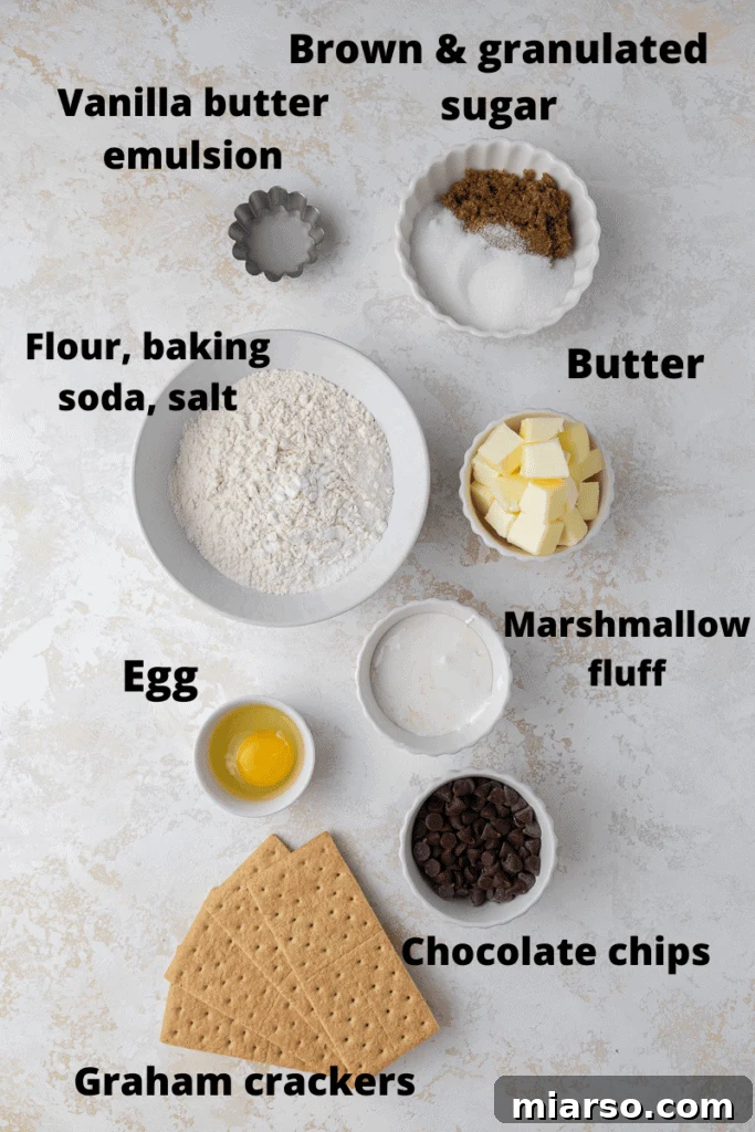Ingredients laid out for homemade Crumbl S'mores Cookies