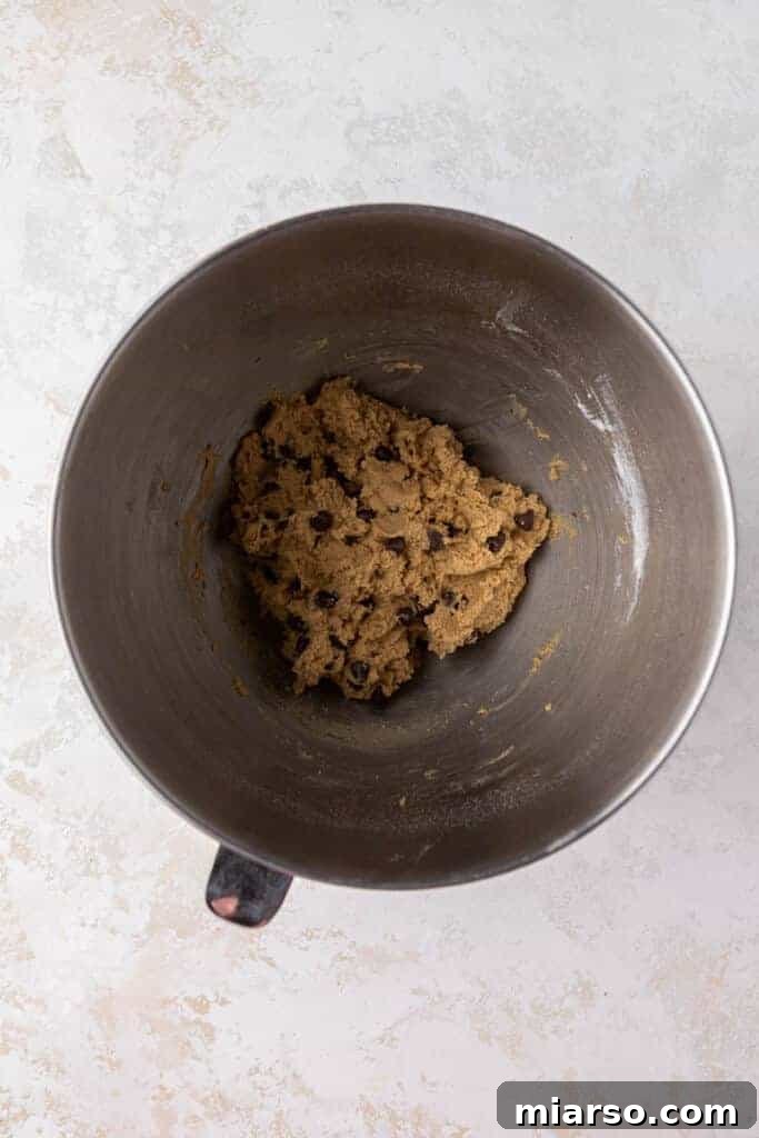 Cookie dough with chocolate chips in a mixing bowl