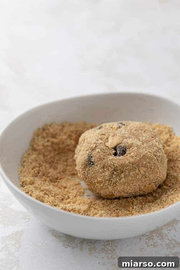 Graham cracker coated cookie dough balls ready for baking