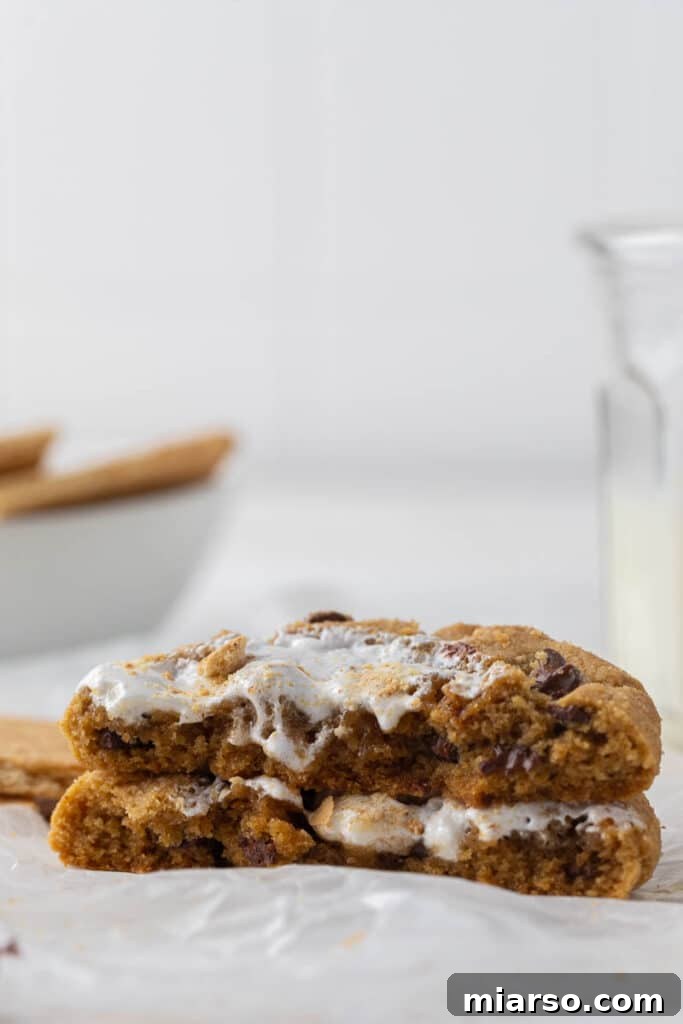 Stack of warm, gooey Crumbl S'mores cookies