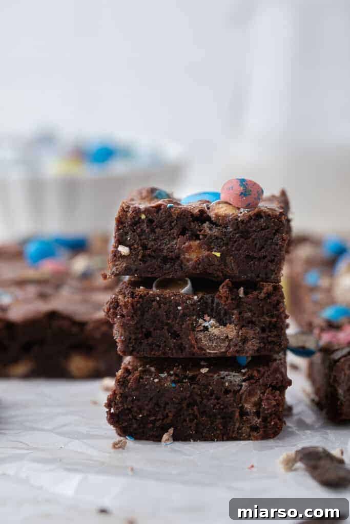 Stack of fudgy egg candy brownies